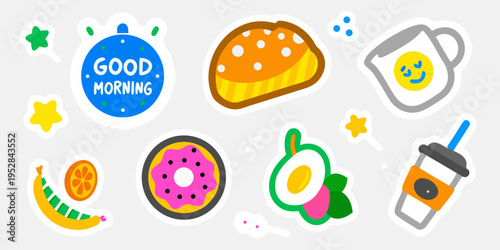 Colorful breakfast themed stickers including toast eggs and a drink