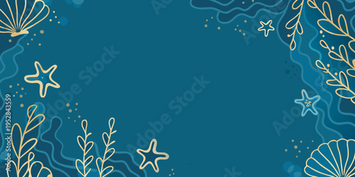 Blue background featuring hand drawn marine life and botanical elements