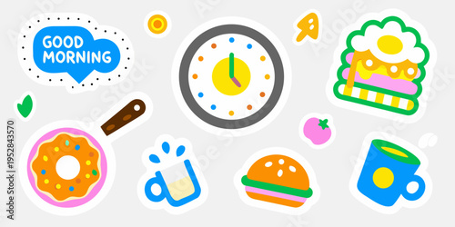 A colorful collection of breakfast and morning themed illustrated stickers