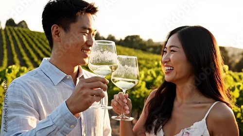 Couple Enjoying Wine Tasting Amidst Vineyard Rows at Sunset.