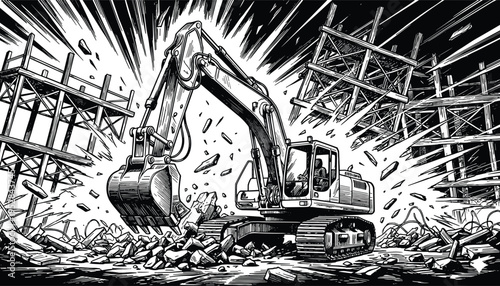 Powerful industrial excavator demolishing building structure with dramatic force, collapsing scaffolding, flying debris, and dynamic motion lines in black and 
