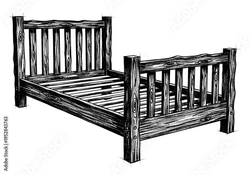 Rustic wooden bed frame with a slatted headboard and footboard, hand-drawn illustration