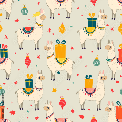 Playful Seamless Christmas Vector Pattern Featuring Cute Llamas with Colorful Gifts and Holiday Ornaments