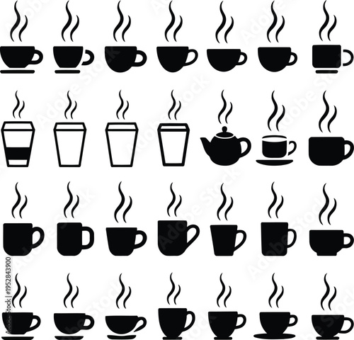 Hot beverages with rising steam, hot coffee and tea icons