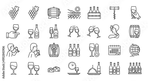 wine icons set illustrating winemaking wine tasting and culture in modern line art perfect for menus and web design.