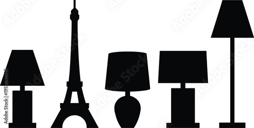 Silhouette comparison of Eiffel Tower and modern lamp designs, creative architectural concept highlighting structural similarities between iconic 
