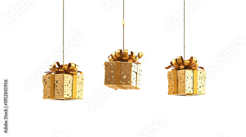 Three gold gift boxes hanging from strings against a black background on Transparent Background