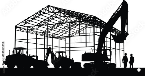 Silhouette of construction site with steel framework, heavy machinery including bulldozer, excavator, backhoe loader, and workers observing building progress under industrial development background