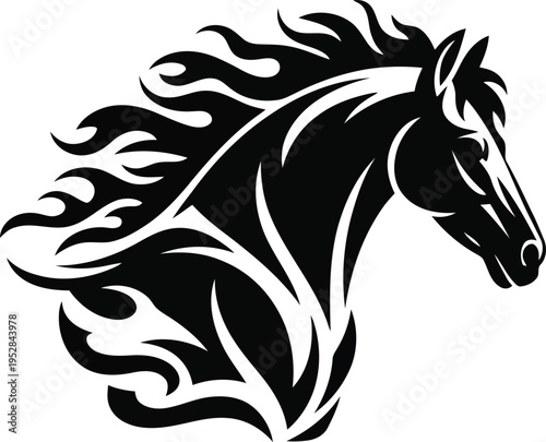 Fiery horse head illustration a striking black and white design