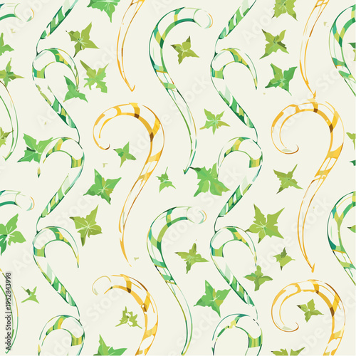 Seamless Christmas Pattern with Abstract Green and Gold Candy Canes and Festive Leaves, Holiday Vector Background for Wrapping Paper and Decor