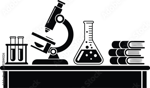 Science equipment including a microscope flasks and books shown