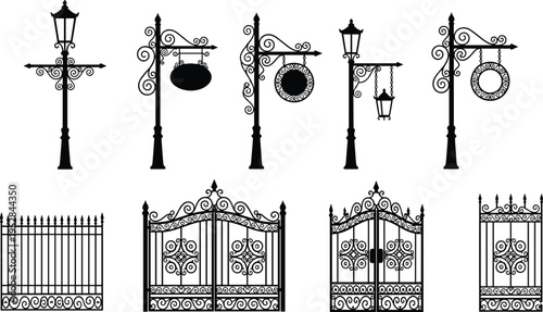 Vintage wrought iron street lamps, ornate hanging signs, and decorative gates with intricate scrollwork patterns for architecture, landscaping, and elegant design inspiration