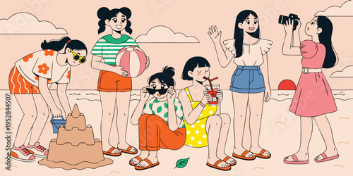 A group of cheerful young women enjoying a sunny day together at the beach during the summertime