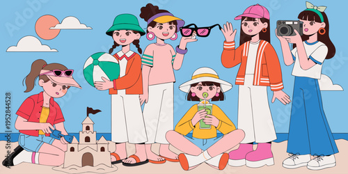 A group of cheerful young friends enjoying a sunny summer day at the sandy beach together outdoors