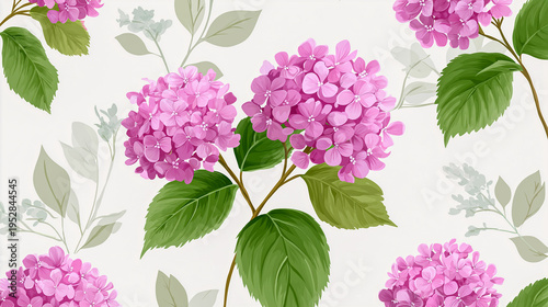 Pink hydrangea flowers with green leaves illustrated on a white background, showcasing detailed petals and foliage in a vibrant floral pattern design