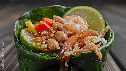 Delicious Thai Miang Kham appetizer served in banana leaves with shrimp and lime.