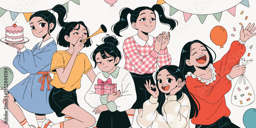 A vibrant group of young girls celebrating a festive birthday party with cake and decorations