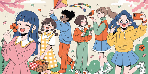 A vibrant digital illustration of a diverse group of happy friends enjoying a sunny spring day out