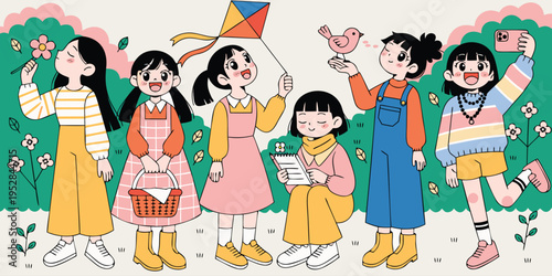 A group of cheerful young girls engaging in various playful outdoor activities in a garden setting