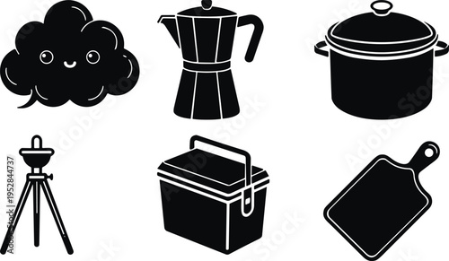 Kitchen and household icons set with coffee maker cooking pot cutting board cooler and tripod vector illustration home equipment symbols isolated