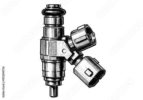 Detailed sketch of a modern fuel injector with electrical connectors on a white background