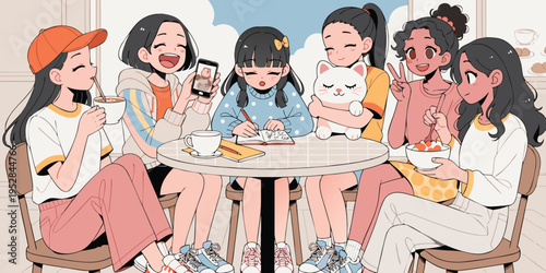 A group of diverse young friends enjoying a cheerful morning gathering at a cozy local cafe table