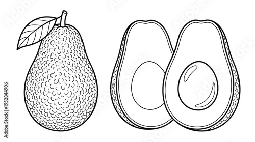 Avocado fruit with leaf and slices.
