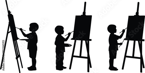 Child painting silhouette, creative activity, easel artwork, artistic posture, paintbrush palette, kids creativity, art education, black and white illustration