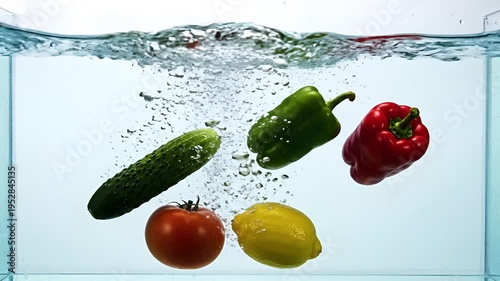 Fresh Vegetables and Lemon Dropping into Water Splash.