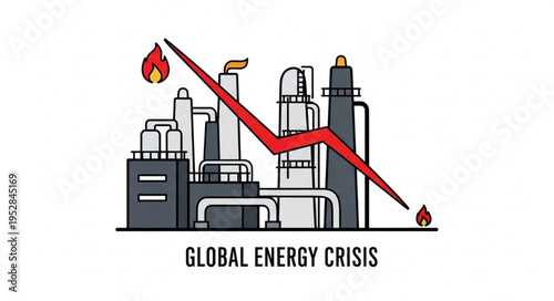 Illustration of Global Energy Crisis with Decreasing Graph and Industrial Plant.