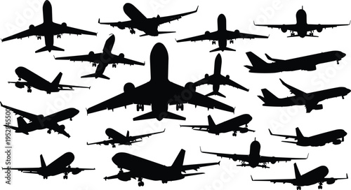 Black silhouettes of various airplanes on white background aircraft
