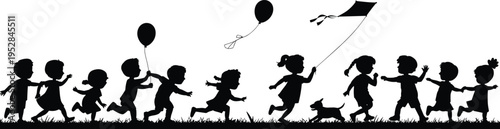 Children silhouettes running together with balloons and flying kite outdoors, joyful kids play scene, happy childhood concept, black vector illustration isolated