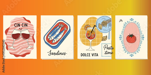 Italian cuisine lifestyle illustration, food culture design, vintage motif artwork, culinary decorative symbol, pasta wine motif, Mediterranean artwork, playful retro drawing
