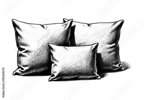 Hand-drawn sketch of three plush cushions arranged in a group on a white background