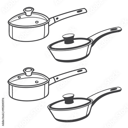 Cuadro en lienzo Set of four outline illustrations of various cooking pots with handles and lids