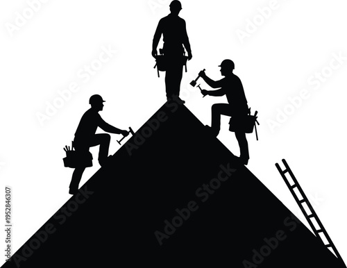 Construction workers silhouette, roofing teamwork, ladder access, tool belts, hammering roof, steep pitch, labor illustration, black and white design, workplace safety