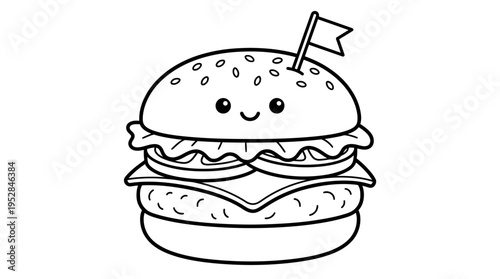 Smiling Cartoon Hamburger with Flag.