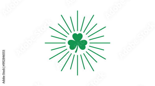 Green clover symbol radiating light against a white background, representing luck and celebration
