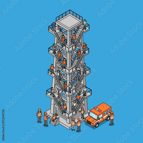 Isometric illustration of a fire watchtower with people, a truck, and personnel.