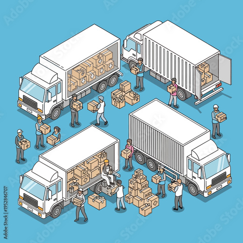 Isometric illustration of multiple delivery trucks being loaded with packages by workers.