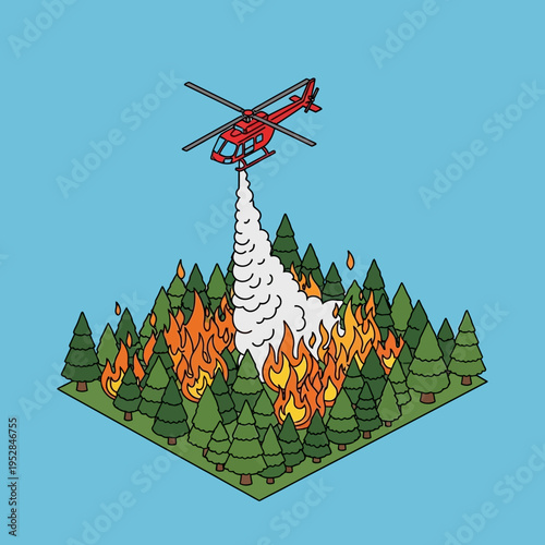 A red helicopter extinguishing a forest fire with water, isometric view.