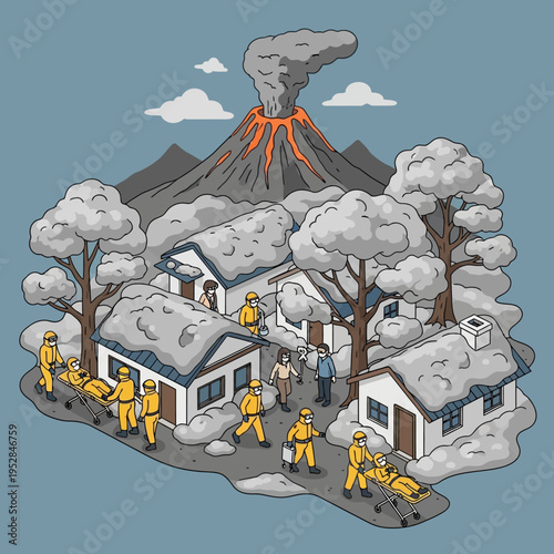 Illustration depicting a volcanic eruption with rescue workers assisting residents of a village.