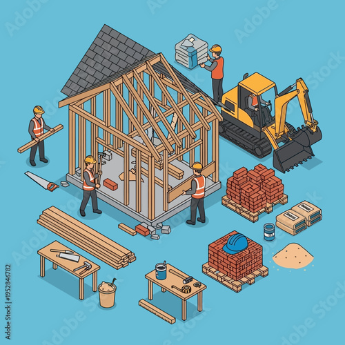 Isometric illustration of construction site with workers, materials, and machinery.
