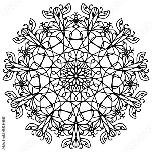 An intricate, hand-drawn black floral mandala design featuring geometric patterns.