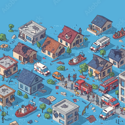 An isometric illustration depicting a flooded town with damaged buildings and rescue vehicles.
