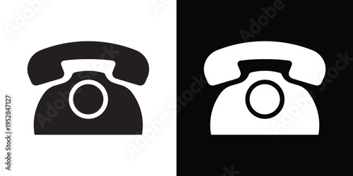 A clean, bold vector illustration of a vintage rotary-style telephone handset and base. This minimalist icon represents customer support, telecommunications, and traditional contact methods.