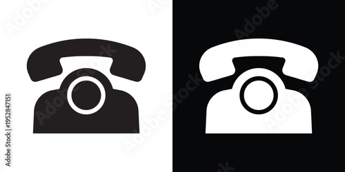 A clean, bold vector illustration of a vintage rotary-style telephone handset and base. This minimalist icon represents customer support, telecommunications, and traditional contact methods.