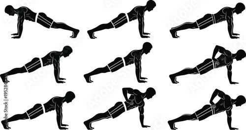 Push Up Exercise Silhouette Vector Set Showing Male Athlete Performing Different Plank and Strength Training Positions for Fitness, Workout Routine, and Gym Design