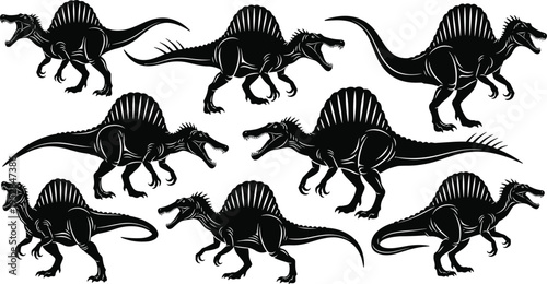 Spinosaurus Dinosaur Silhouette Set with Detailed Prehistoric Reptile Poses for Jurassic Era Design, Fossil Themes, Wildlife Illustration, and Educational Graphics