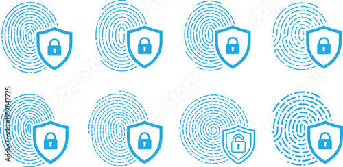 Fingerprint Security Icon Vector Set Featuring Biometric Identification with Shield and Lock Symbols for Data Protection, Cyber Security, Privacy, and Authentication Design